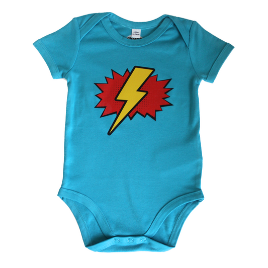 Blue baby bodysuit with pop art lightning bolt print – vibrant funky baby clothes