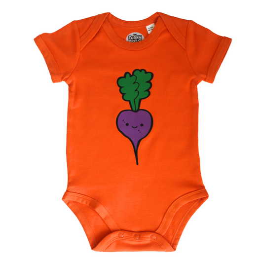Orange baby bodysuit with cartoon turnip design – unique funky babywear
