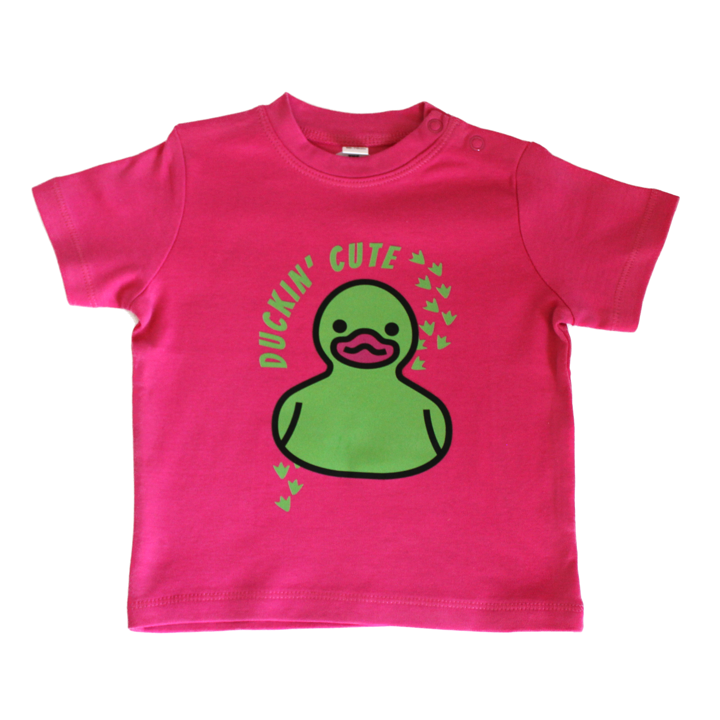 Bright pink baby t-shirt with cartoon duck and bold 'Duckin’ Cute' text – fun and cheeky design for toddlers.