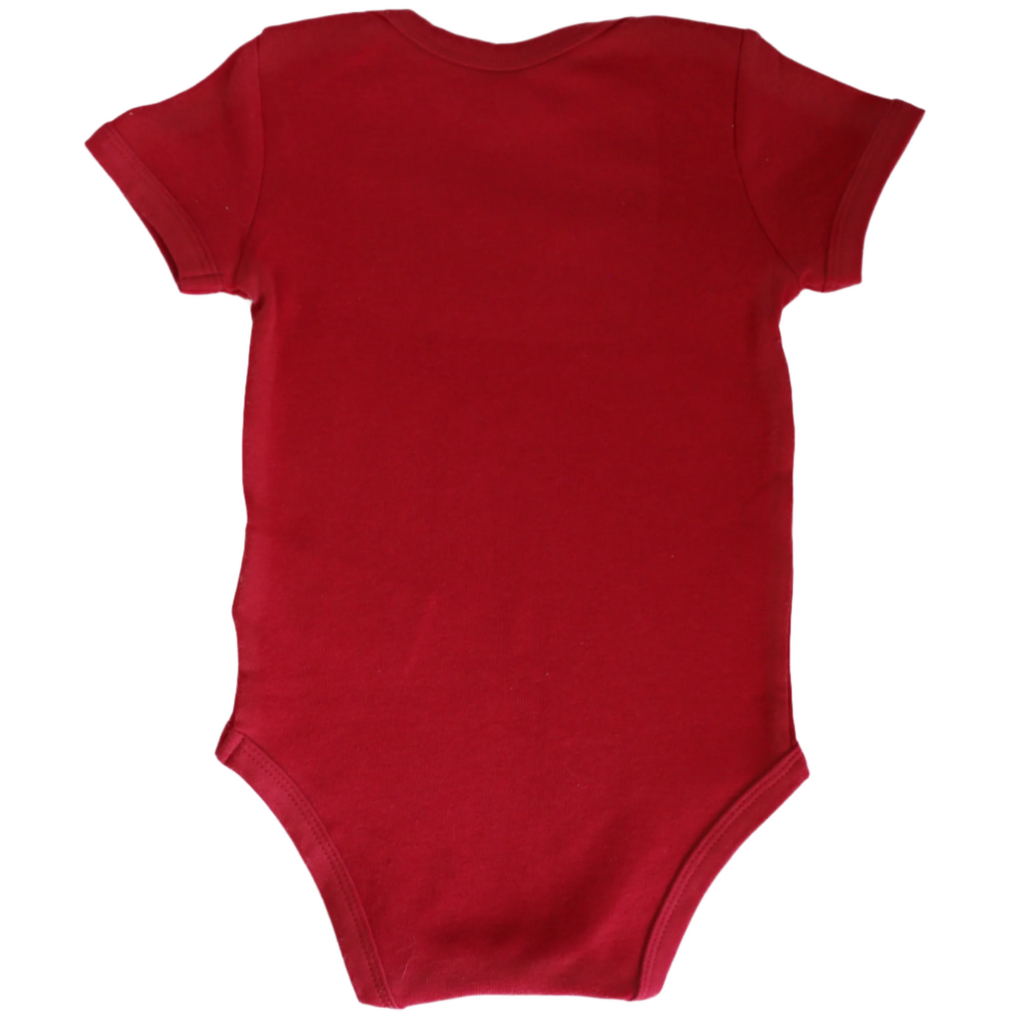 Red baby bodysuit rear with Limited Edition Chaos slogan – bold statement babywear
