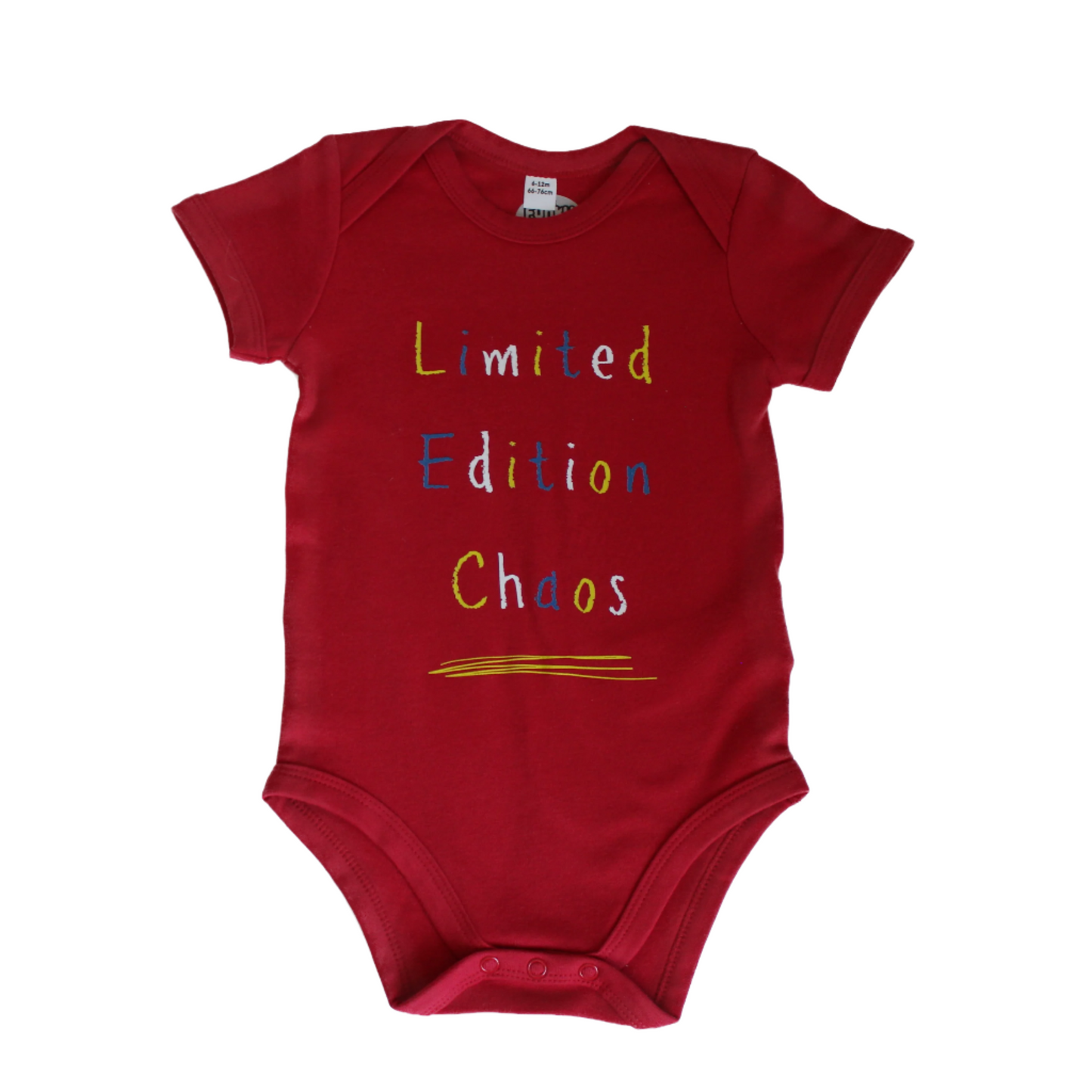 Red baby bodysuit with Limited Edition Chaos slogan – bold statement babywear